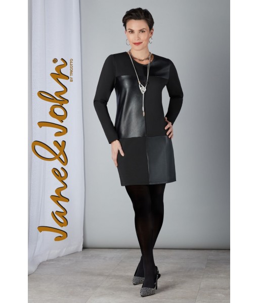 Black Tricotto dress with giant leather effect squares