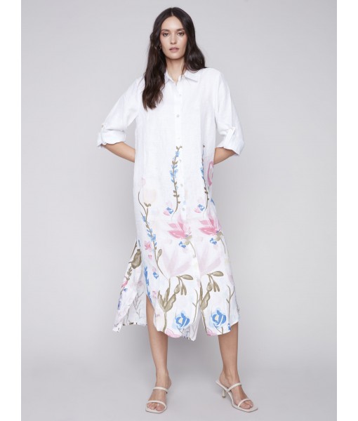 Longue robe tunique en lin imprimé - Pastel